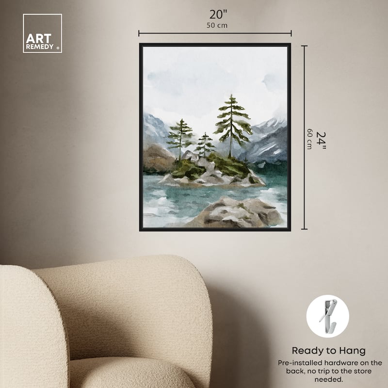 Art Remedy Cold Winter Lake Framed Landscape 1 Piece Canvas Wall Art Watercolor Style