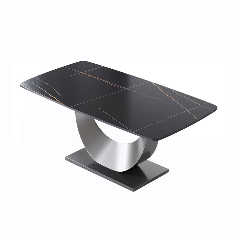 Rectangle Dining Room Table with U-Shape Stainless Steel Pedestal for Kitchen/Living Room