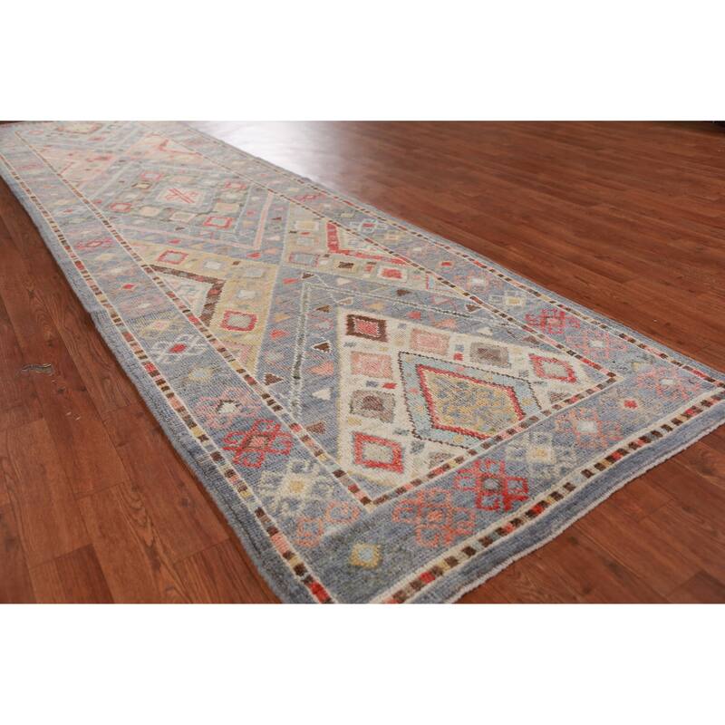 Hand Knotted Oriental 100% Wool Carpet Transitional Geometric Navy Blue & Blues Oushak Runner Rug - 12' 0'' X 3' 2''