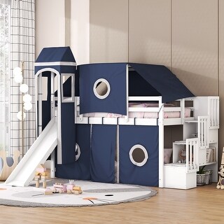 House Loft Bed with Slide and Tent, Wood Playhouse Loft Bed Bed Frame with Slide, Tower and Ladders for Boys & Girls
