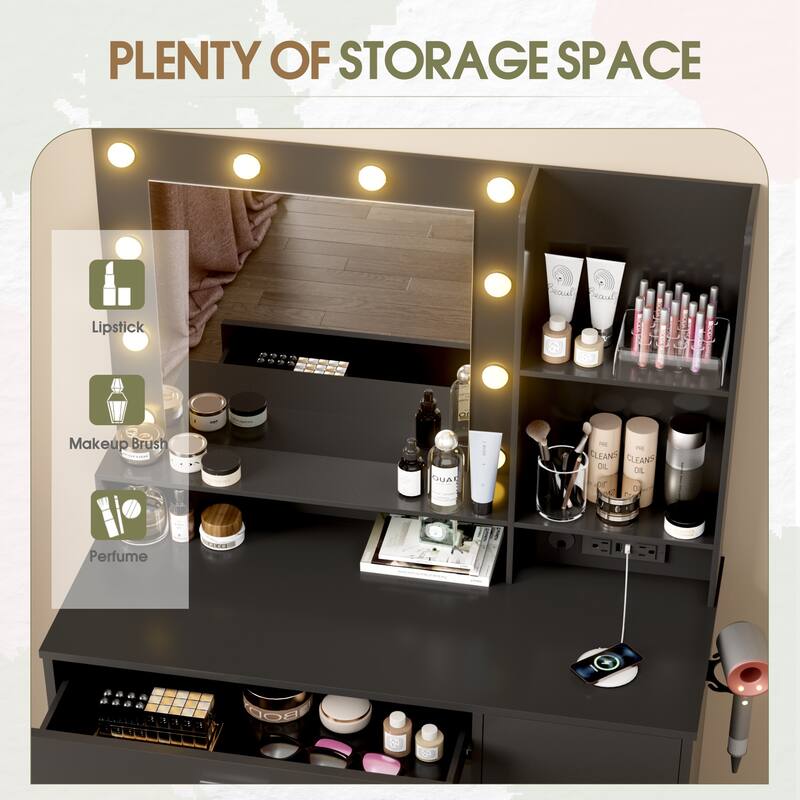 Furniwell Makeup Dresser Desk Table with Lighted Mirror,Vanity Desk with Charging Station, 1 Drawers, 10 LED Light