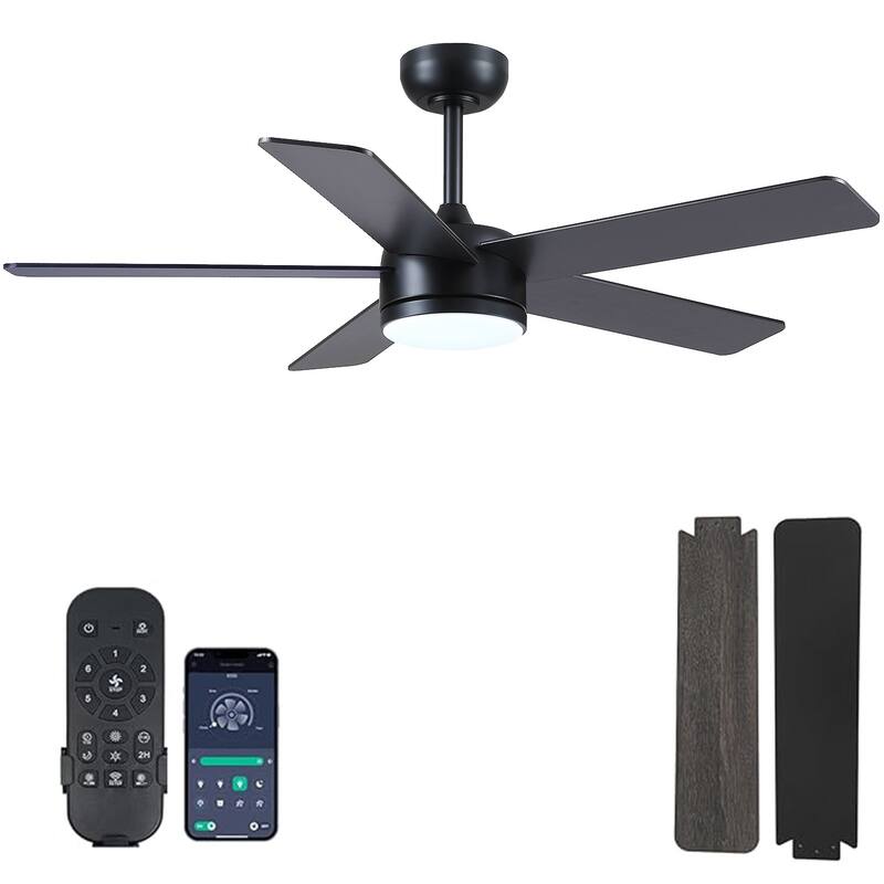 46 Inches Downrod Ceiling Fan with Light and Remote,Quiet DC Motor,Reversible Blades - 46 Inches - Black