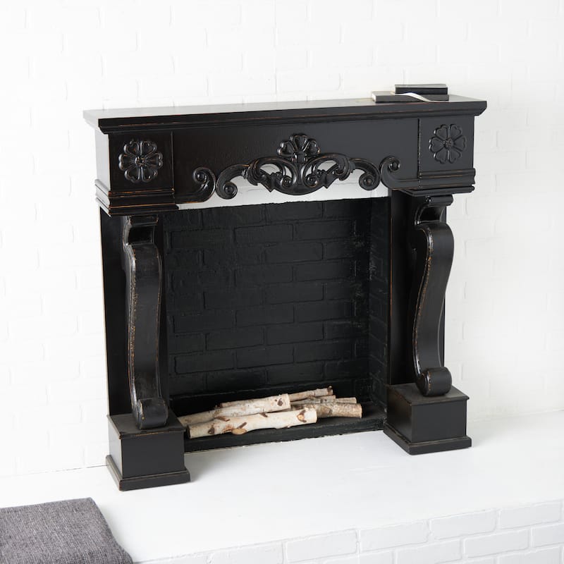 Wooden Scroll Freestanding Fireplace Mantle with Floral Accents - Black or White - Roche River Decor