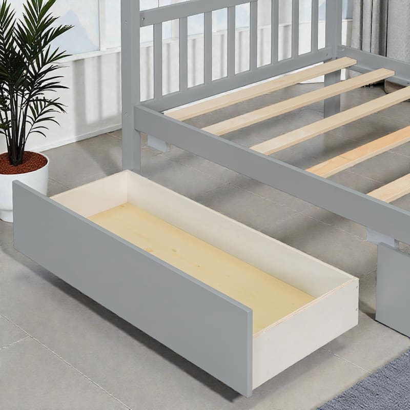 Twin/Full Size Wooden House Bed with Roof and 2 Drawers, Kids Platform Bed with Storage, Solid Pine Frame