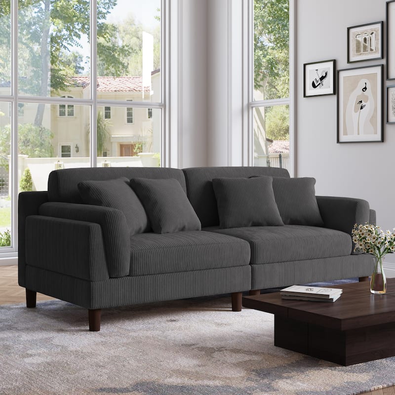 90.2"W Corduroy Upholstered 2 Seater Living Room Sofa - Grey-4Pillows