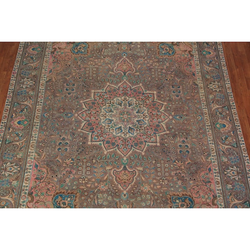 Brown Floral Tabriz Persian Rug Traditional Hand-Knotted Wool Carpet - 8'2"x 11'7"