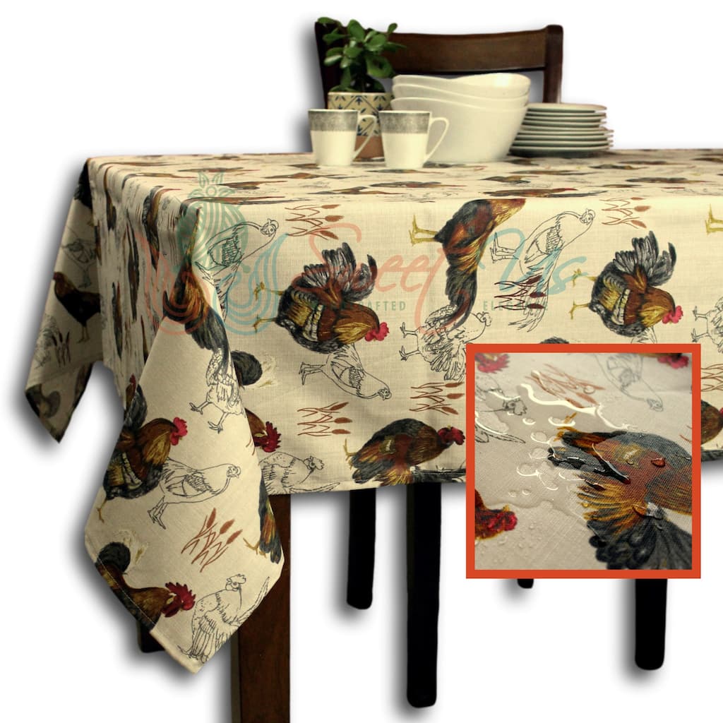Wipeable Spill Resistant Acrylic Coated Rustic French Country Rooster Tablecloth
