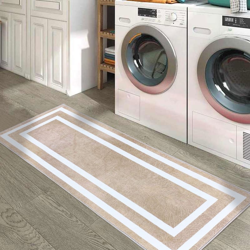 SussexHome Washable Ultra Thin Laundry Room Rug Runner - 20" x 59" - Bordered Beige