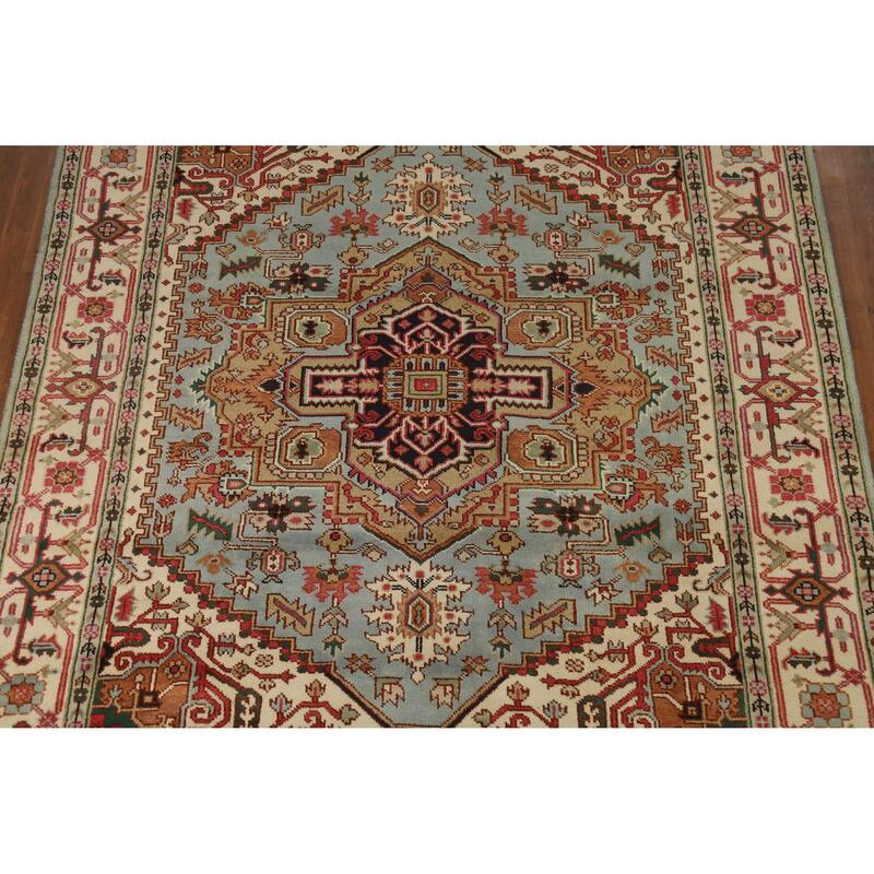 Hand Knotted Oriental 100% Wool Carpet Traditional Medallion Navy Blue & Blues Heriz (serapi) Area Rug - 9' 11'' X 7' 10''