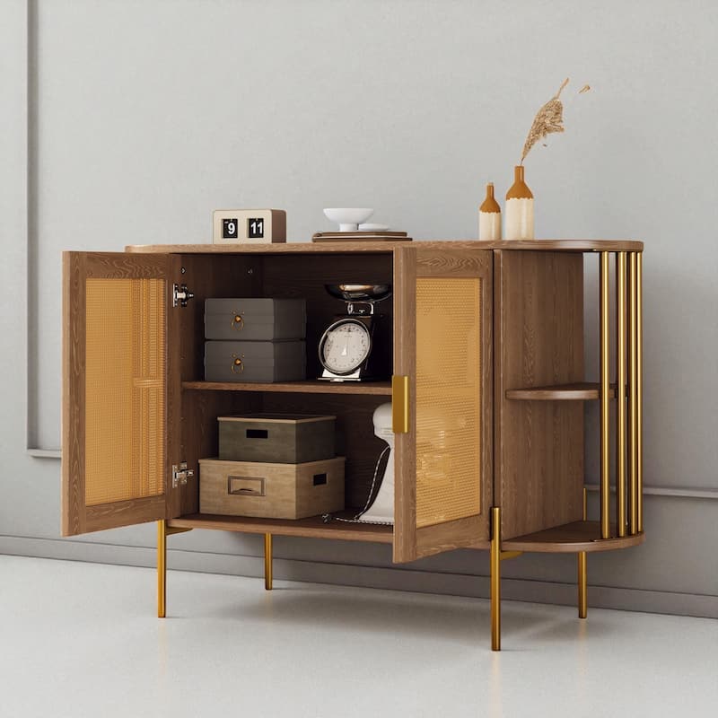 Elegant 2-Door Side Cabinet with Gold Trim and Woven Rattan Doors, Adjustable Shelves - 47.2"