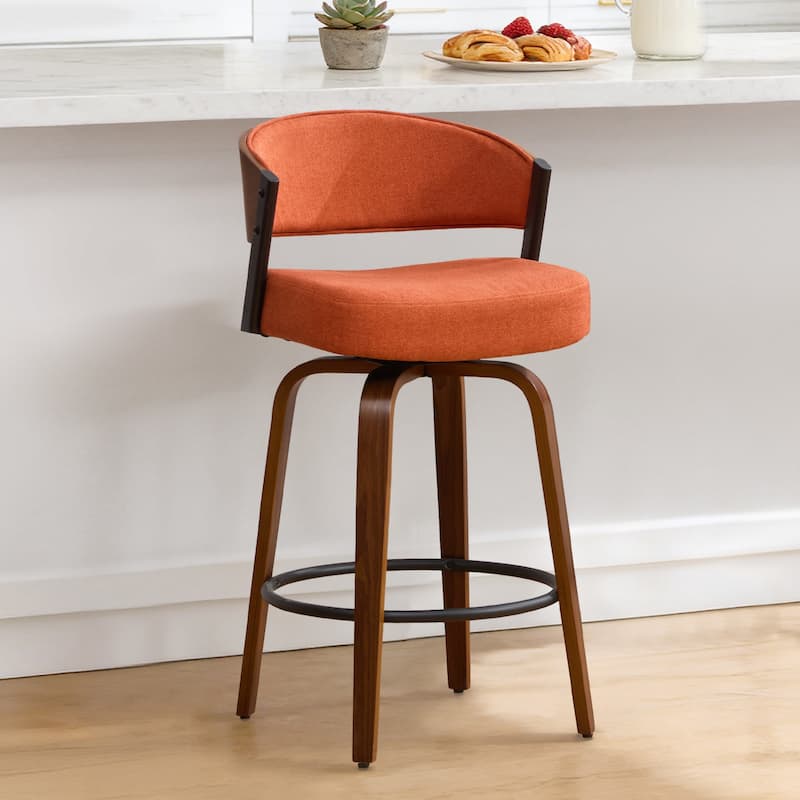 Upholstered Swivel Counter Height Bar Stool with Curved Back and Bentwood Frame - 37.2"H x 19.1"W x 20.5"D - Set of 2 - Orange