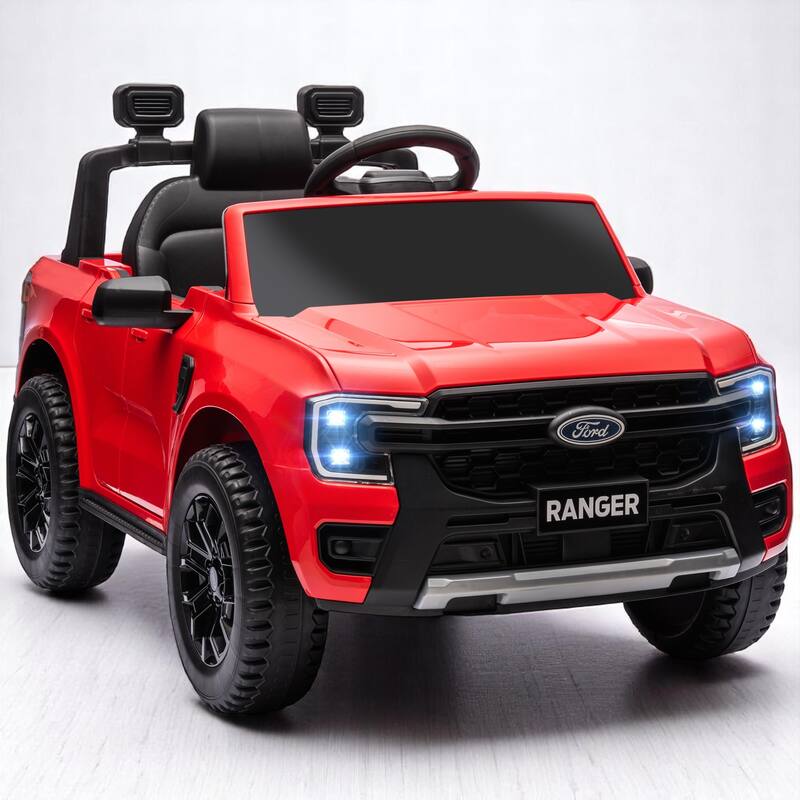 12V Kids Ride-On Truck Licensed Ford Ranger with Remote Control, Music, Lights & Storage - Electric Car - Red