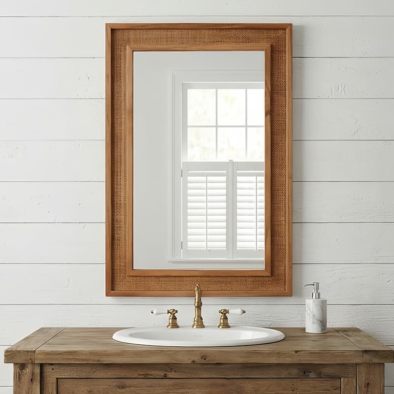 Rattan Rectangle Solid Wood Frame Decorative Mirror