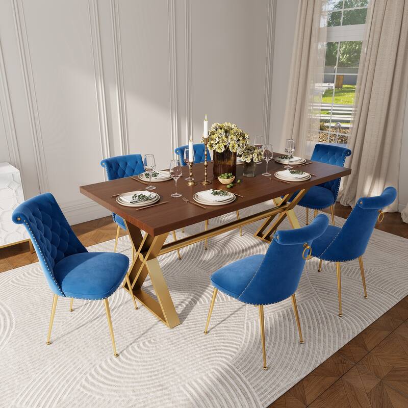 7-Piece Clihome Walut Wood Dining Table with Velvet Chair Dining Chair - Navy