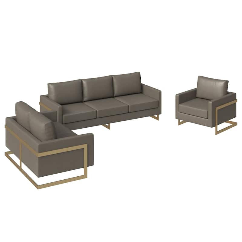 3-Piece Leather Sofa Set with Gold Stainless Steel Base and Removable Cushions - Grey