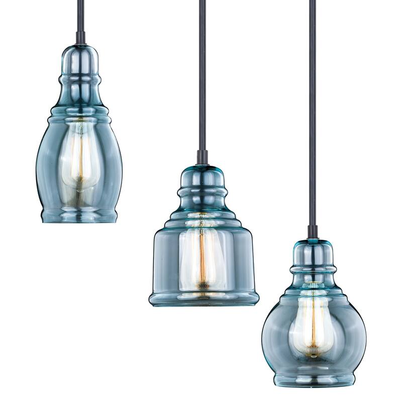 Millie 3L Bronze Farmhouse Jar Pendant Chandelier Ceiling Light Fixture Blue Glass - 17.5-in W x 17.75-in H x 17.5-in D