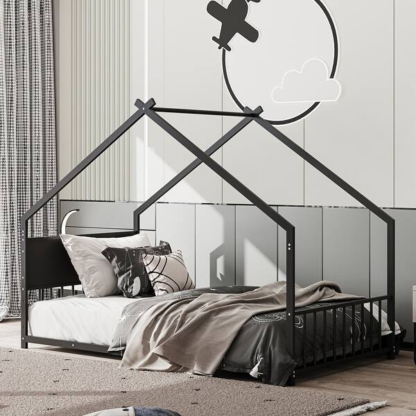 slide 2 of 6, Twin Size House Bed with Roof and Colorful Lights,Slats and Headboard