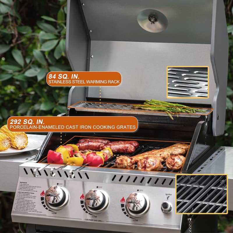 Royal Gourmet Stainless Steel 3-Burner Gas Grill with Side Tables, Silver