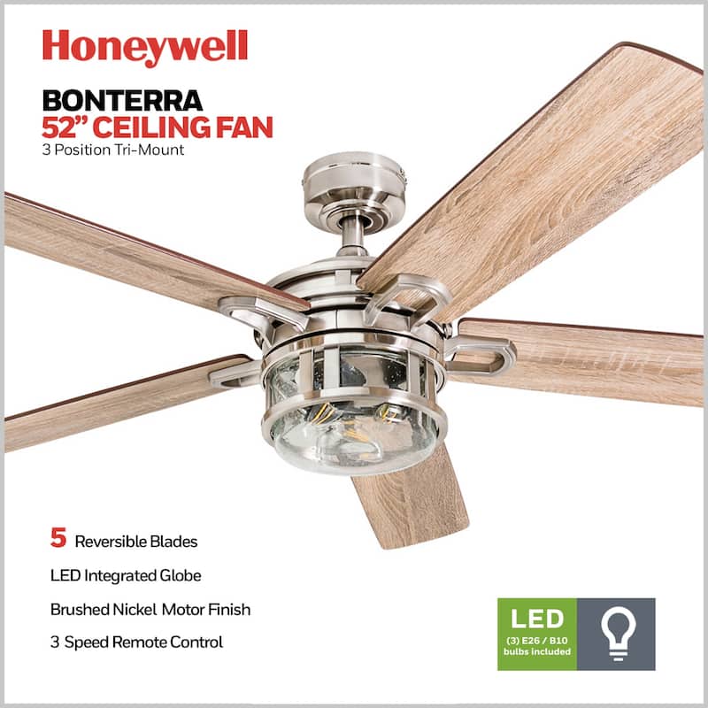 52" Honeywell Bonterra Brushed Nickel Contemporary Indoor LED Ceiling Fan with Light and Remote Control