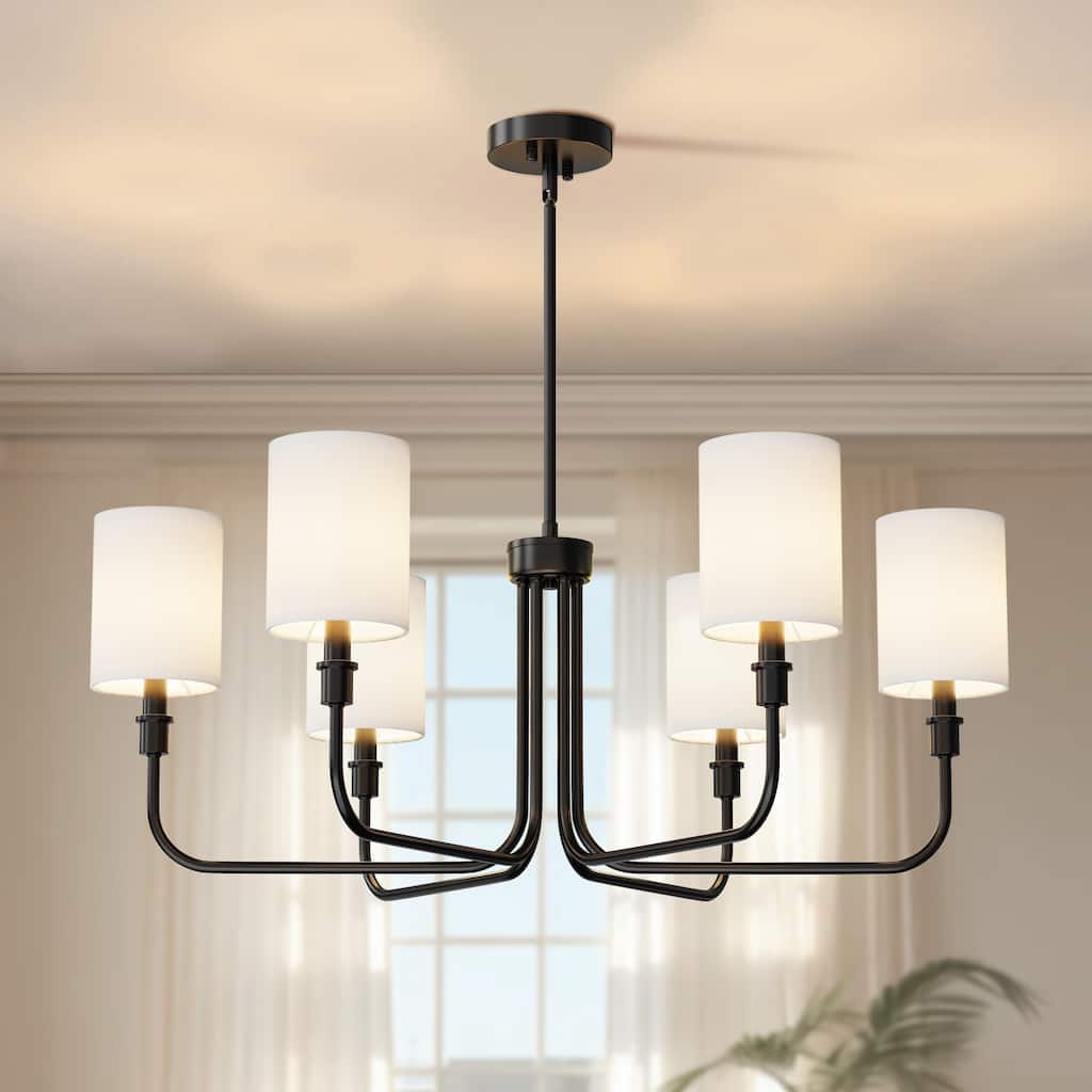 YANSUN 6-Light Black Straight Tube Chandelier with Fabric Cylindrical Shades, E12 Base, Perfect for Living Room/Dining Room