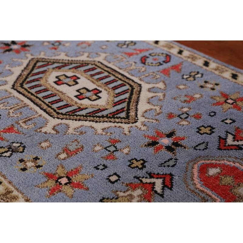 Hand Knotted Oriental 100% Wool Carpet Traditional Geometric Navy Blue & Blues Heriz (serapi) Runner Rug - 7' 6'' X 2' 7''
