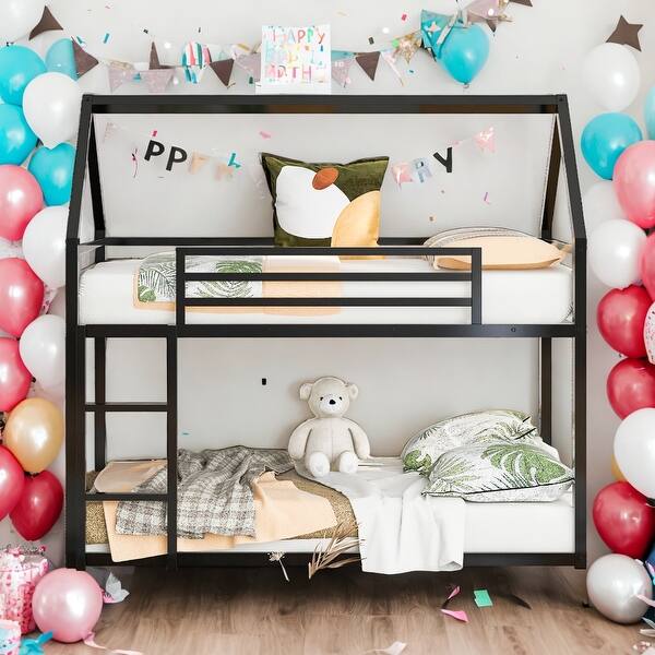 slide 2 of 18, Modern Black Twin over Twin Timeless Design House Bunk Bed With Built-in Convertible Ladder Black