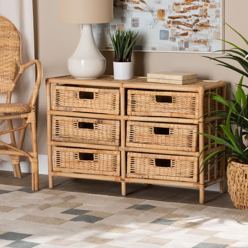 Dariana Modern Bohemian Natural Brown Rattan 6-Drawer Storage Cabinet