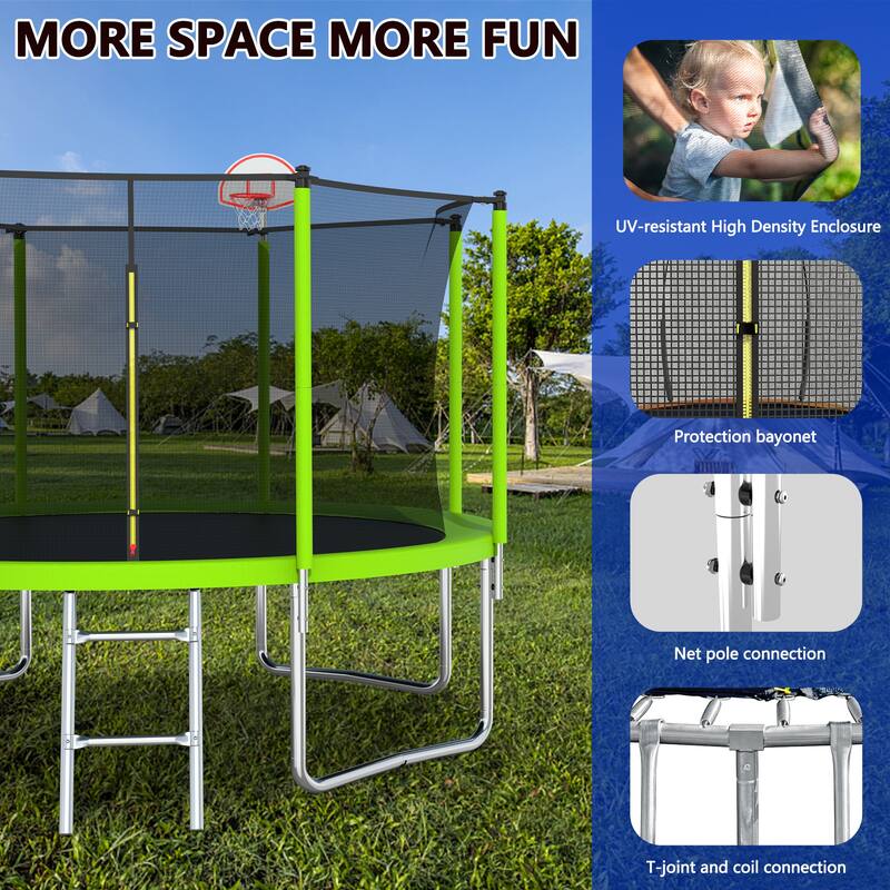 12FT Trampoline Green for Kids & Adults with Basketball Hoop and Ball ,Recreational Trampolines with Safety Enclosure
