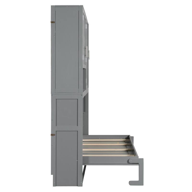 Twin Size Murphy Wall Bed with Top Cabinet and Light, Space Saving Foldable Murphy Cabinet Bed with USB Ports & Storage Shelves