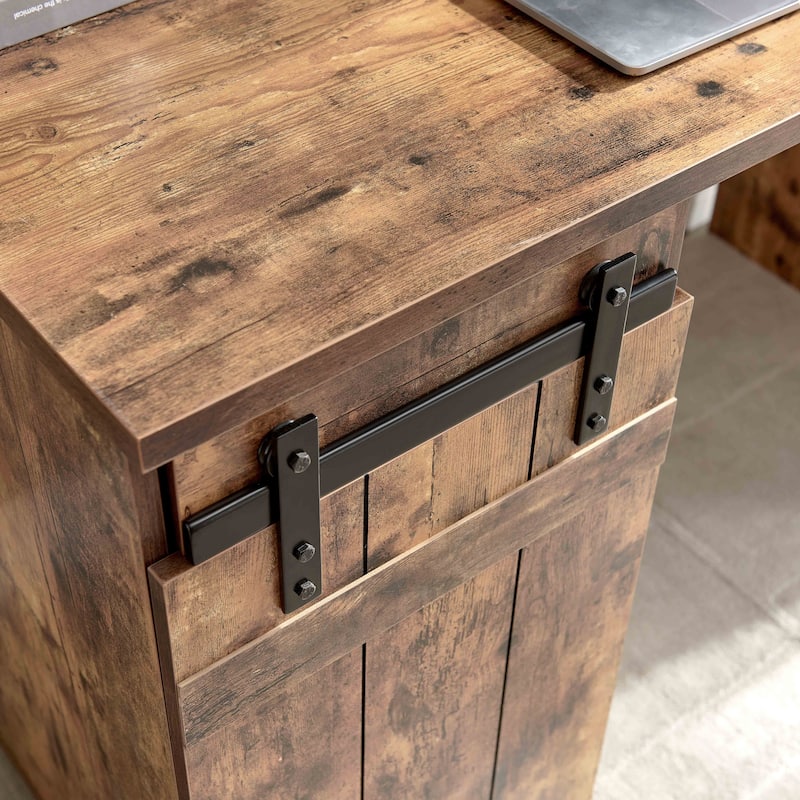 Rustic Home Office Desk with Faux Barn Door Cabinet, Removable Shelves, and Finished Distressed Wood Look