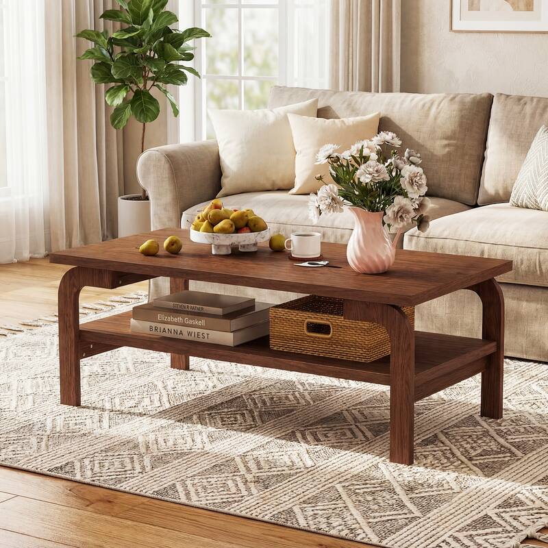 Gymax 47'' Rectangular Coffee Table w/ Storage Shelf & Curved Legs for