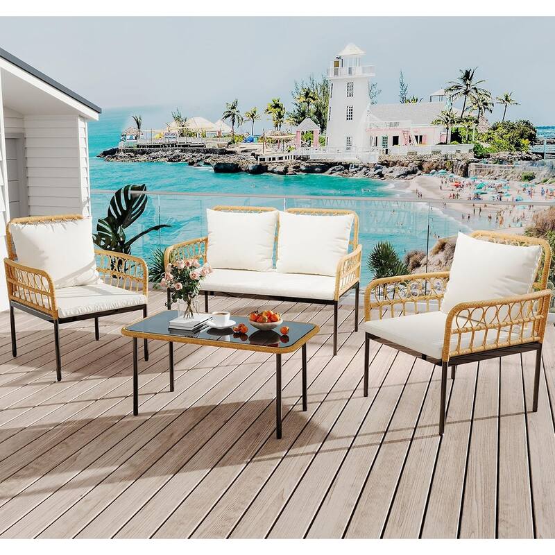 4-Piece Patio Rattan Wicker Furniture Set with Glass Coffee Table for Balcony