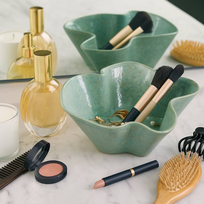 Decorative Ceramic Abstract Wavy Edged Bowl - 13", Green - 13.0"