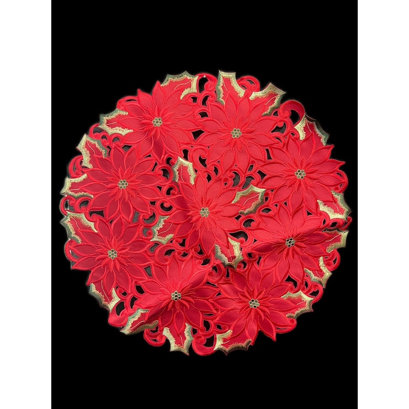 Poinsettia and Green Leaf Embroidered Cutwork Round Placemat, 23-Inch diameter