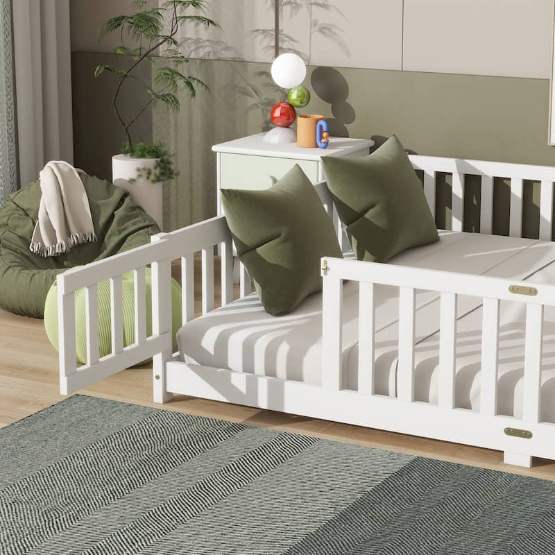 Grey Queen Size Wooden Floor Bed with Fence, Door, Rubber Safety Guardrails