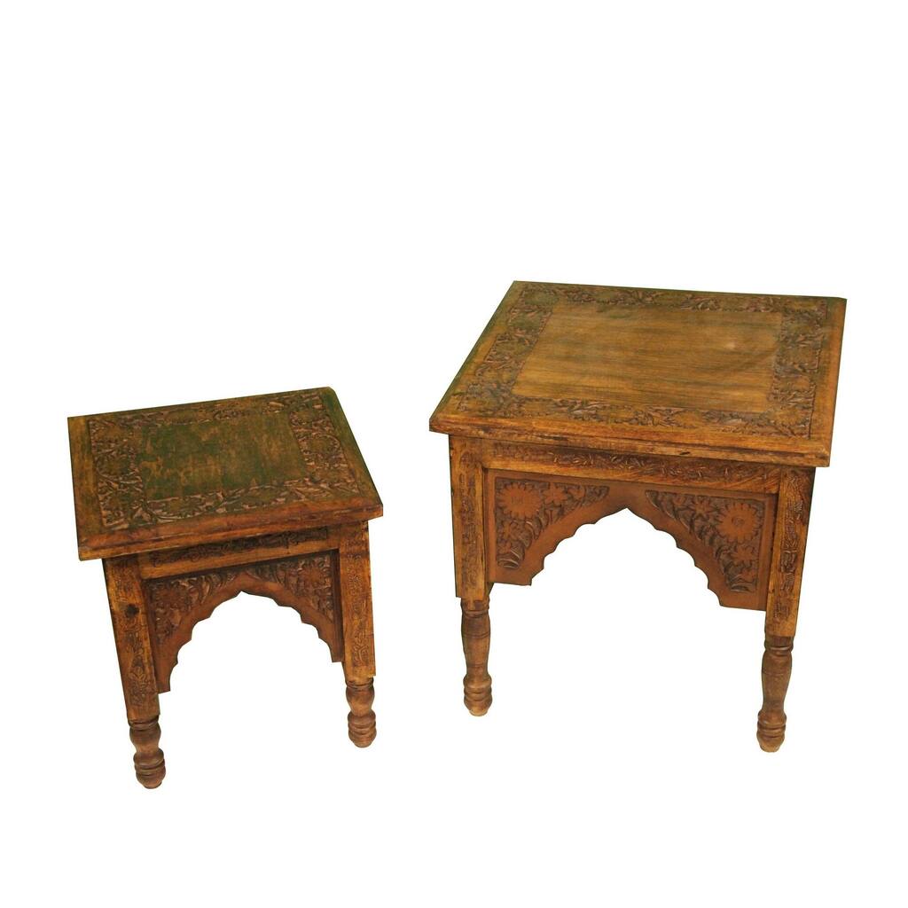 Floral Carved Traditional Accent Table, Set of 2, Brown