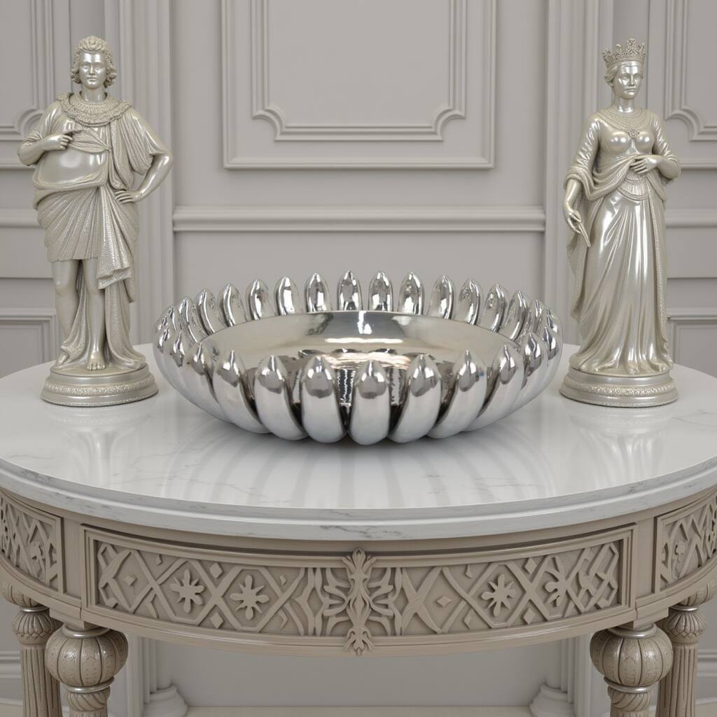 Zoma Accent Bowl, 16 Inch Raised Rounded Edges, Silver Ceramic Body