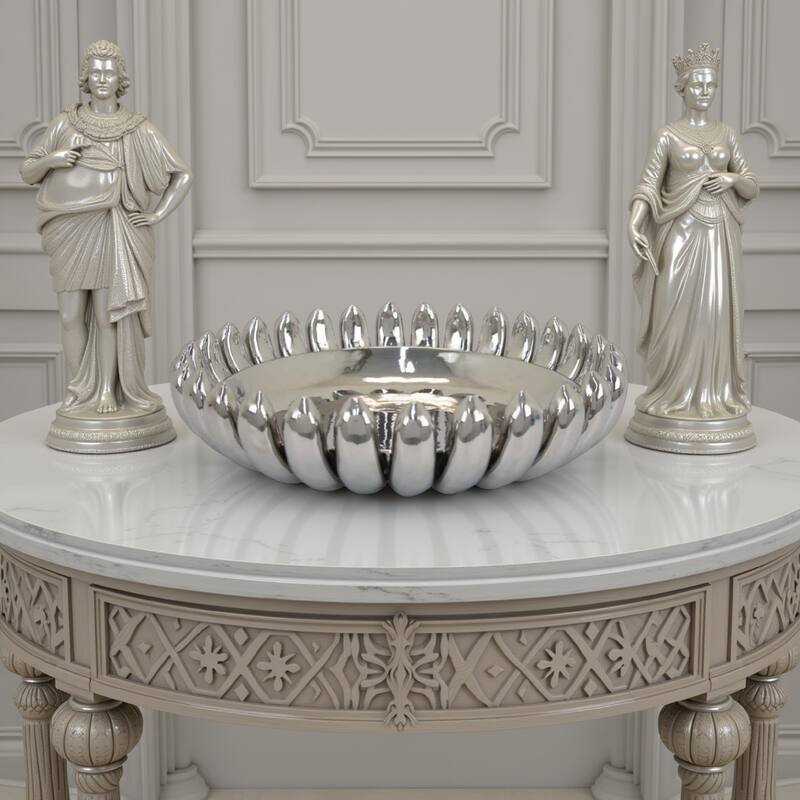 Zoma Accent Bowl, 16 Inch Raised Rounded Edges, Silver Ceramic Body