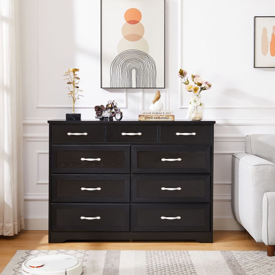 9 Drawers Dresser Black Wood Cabinet White Antique Handles Bedroom