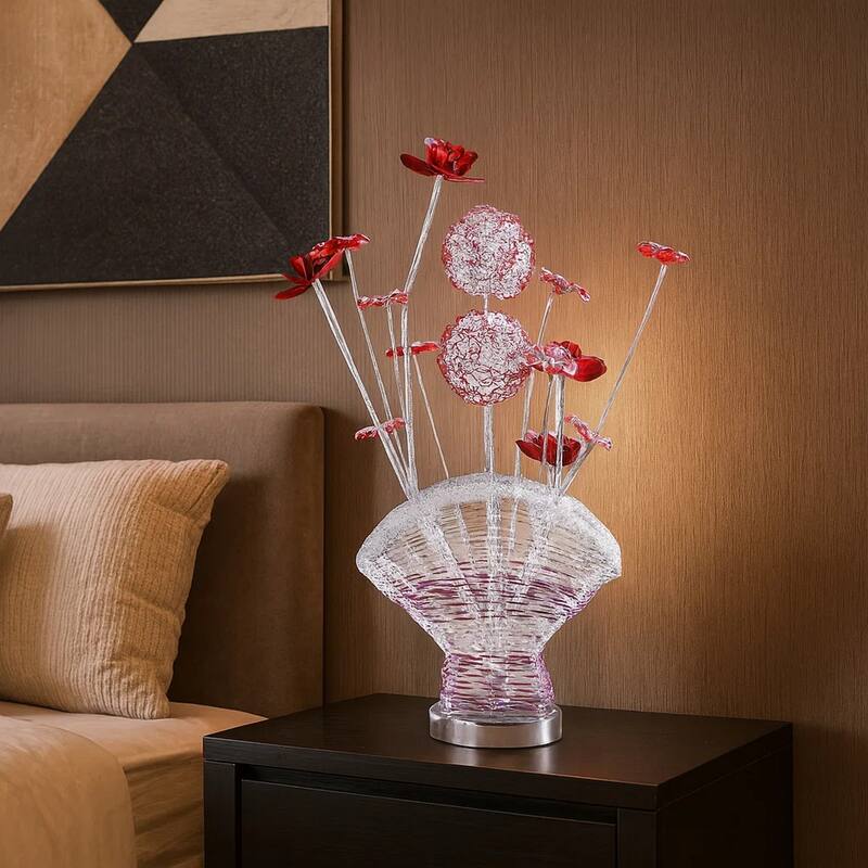 Accent Table Lamp, LED, Red Roses Fan Crystal Vase, Chrome 22 Inch