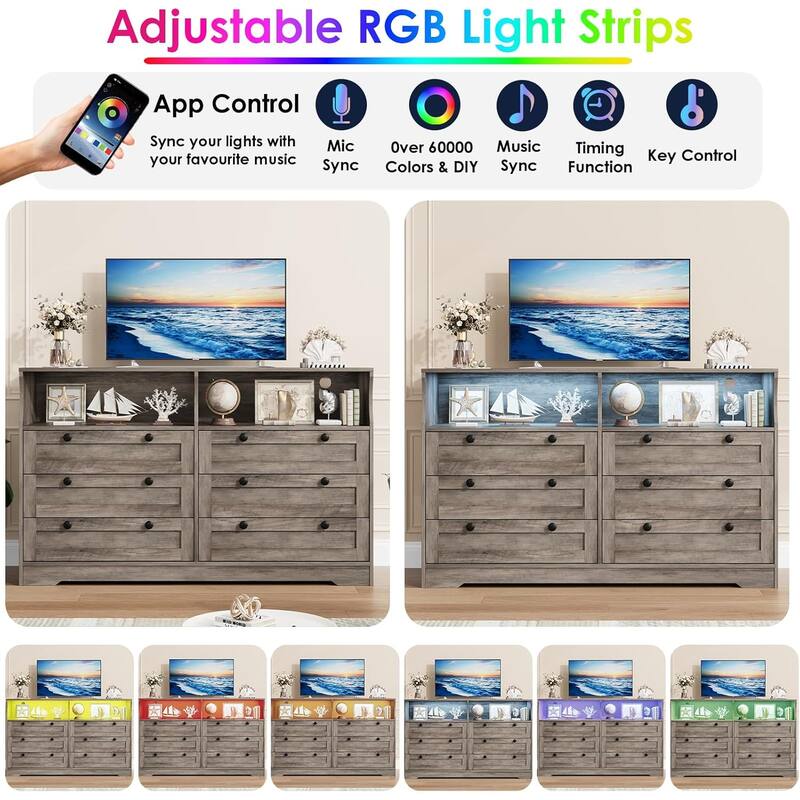 6 Drawer Dresser for Bedroom with Power Outlet and LED Light
