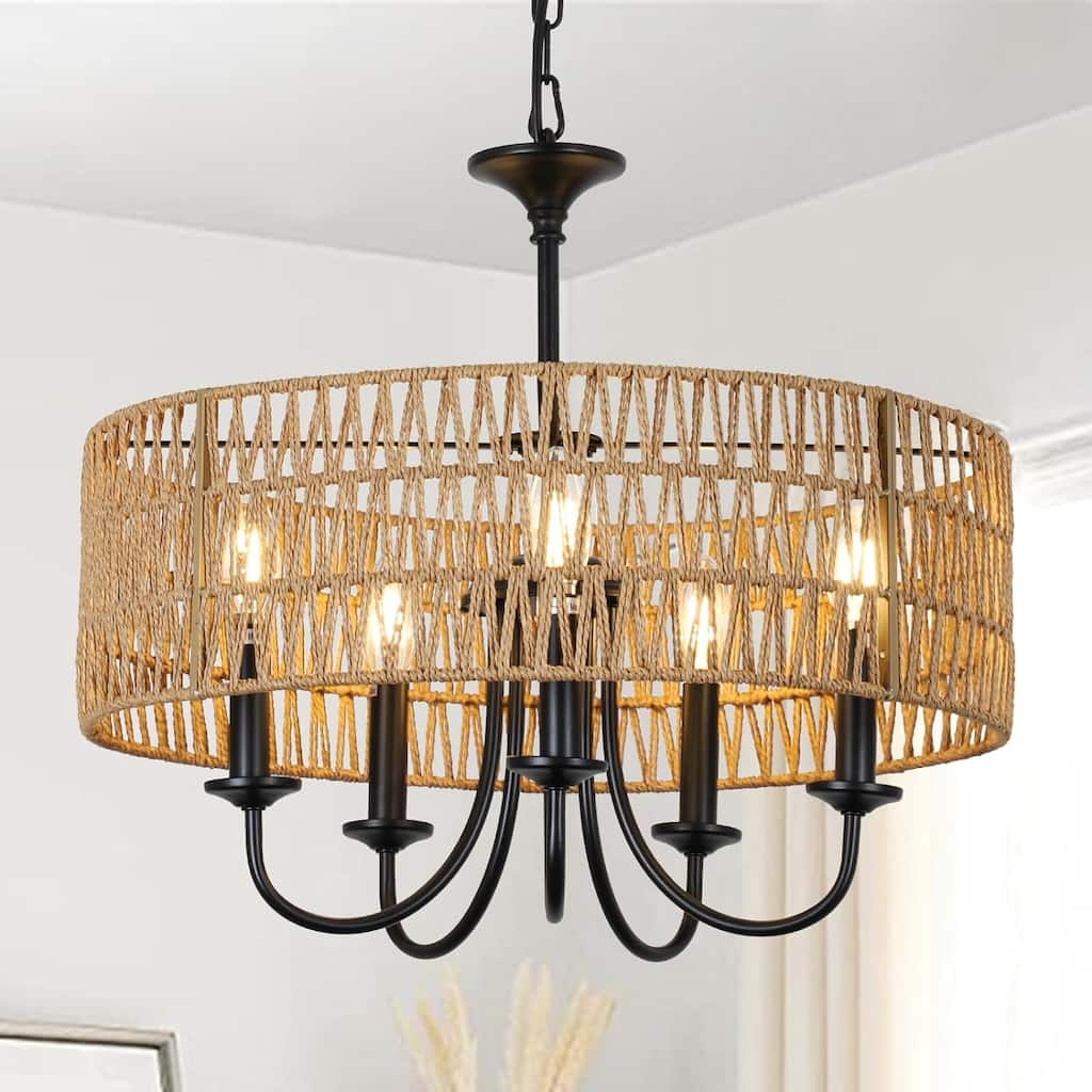 Farmhouse Chandelier Light Fixtures, 5-Lights Large Rattan Pendant Lighting with Hand Woven Wicker Shade,Boho Black Chandeliers