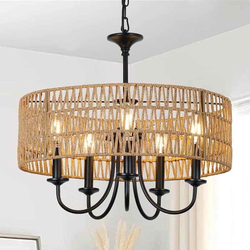 Modern Farmhouse Chandelier Light Fixtures, 5-Lights Large Rattan Pendant Lighting with Hand Woven Wicker Shade - Brown