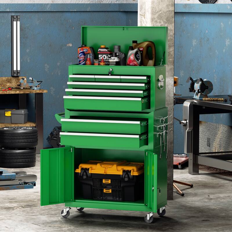 8-Drawer 2 in 1 Rolling Tool Chest Cabinet Garage Storage Toolbox with Detachable Top Tool Box and Universal Lockable Wheels - Green