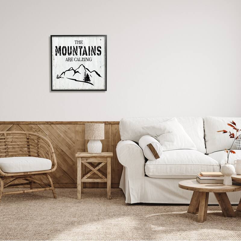 Stupell Mountains Are Calling Rustic Phrase Distressed Plank Pattern Framed Wall Art - Black