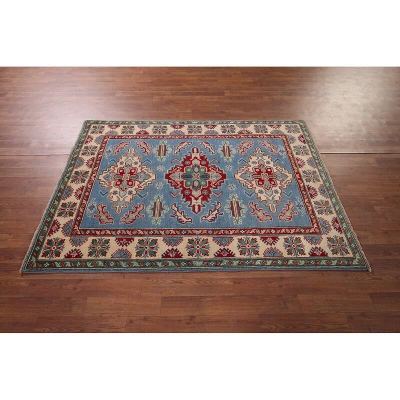 Blue Geometric Kazak Oriental Accent Rug Handmade Wool Carpet - 4'0" x 5'10"