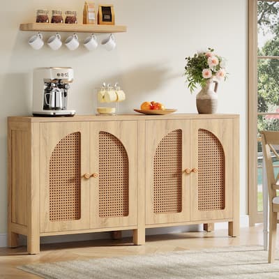 Rattan Credenza Kitchen Storage Buffet Cabinet with 4 Doors