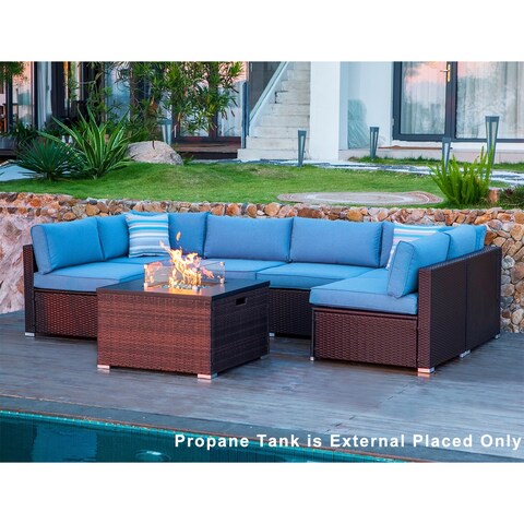 COSIEST Outdoor 7 Piece Table Patio Furniture Set With Fire Table,Glass Wind Guard