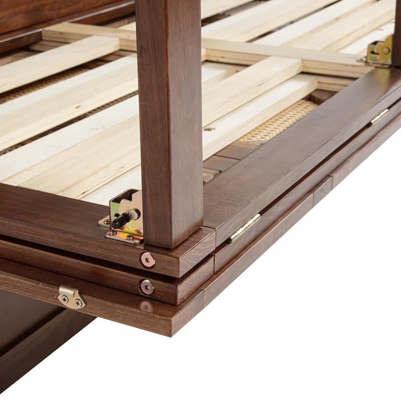 Pine Wood Cabinet Bed with Power Station and Rattan Decoration Panel