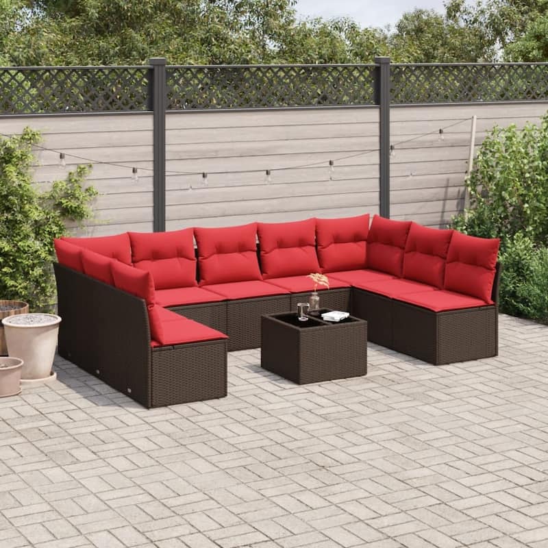 vidaXL 9/10 Piece Patio Sofa Set with Cushions Brown/Gray Poly Rattan - 21.7 x 24.4 x 27.2
